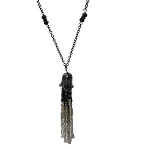 Elegant Black Silver Beaded Tassel Necklace Evening Fashion Jewelry Women